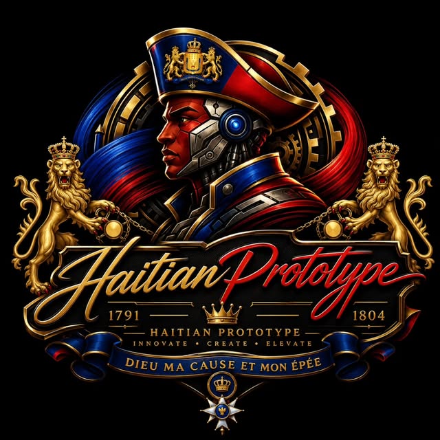 The Haitian Prototype crest: a revolutionary in a bicorne hat between two gold lions, with the dates 1791 and 1804